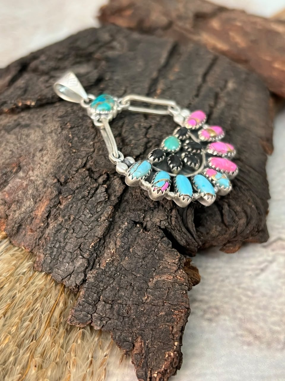 Handmade Sterling Silver Cotton Candy with White Buffalo and Kingman Turquoise Pendant Signed Nizhoni