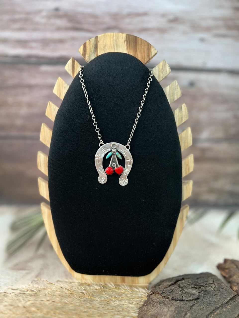 Handmade Sterling Silver Kingman Turquoise with Rosarita Cherry Naja Necklace Signed Nizhoni