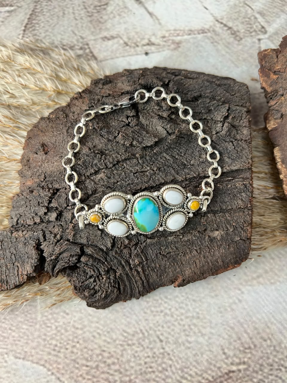 Handmade Sterling Silver Sonoran Mountain Turquoise with Bumblebee and White Buffalo Spring Collection: Chain Bracelet Signed Nizhoni