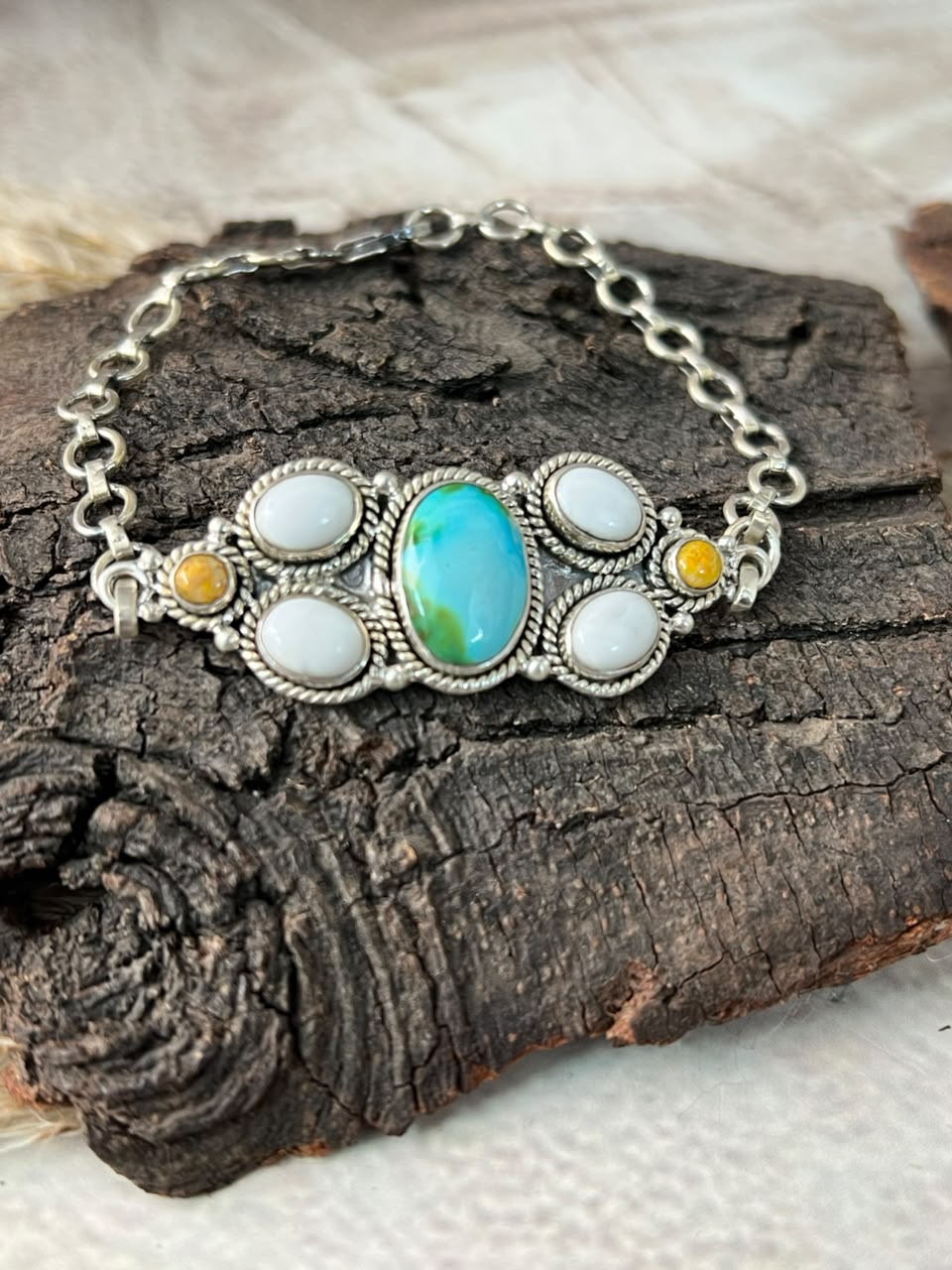Handmade Sterling Silver Sonoran Mountain Turquoise with Bumblebee and White Buffalo Spring Collection: Chain Bracelet Signed Nizhoni