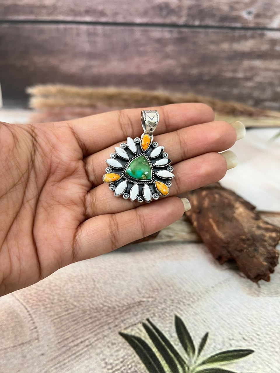 Handmade Sterling Silver Sonoran Mountain Turquoise with Bumblebee and White Buffalo Spring Collection: Pendant Signed Nizhoni