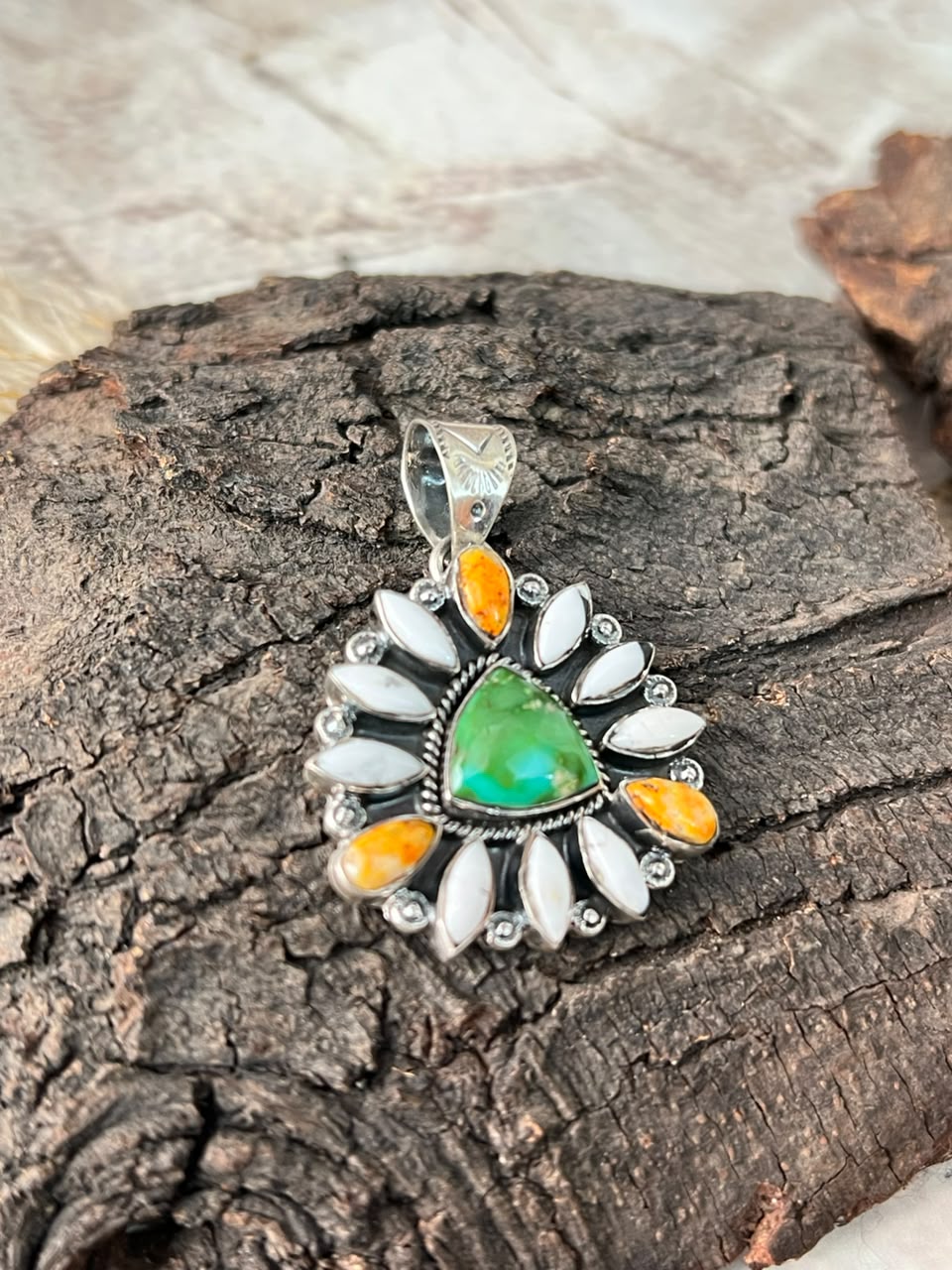 Handmade Sterling Silver Sonoran Mountain Turquoise with Bumblebee and White Buffalo Spring Collection: Pendant Signed Nizhoni