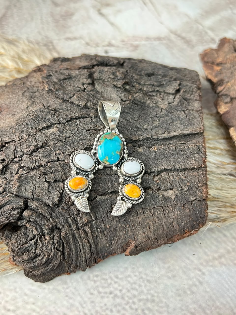Handmade Sterling Silver Sonoran Mountain Turquoise with Bumblebee and White Buffalo Spring Collection: Naja Pendant Signed Nizhoni