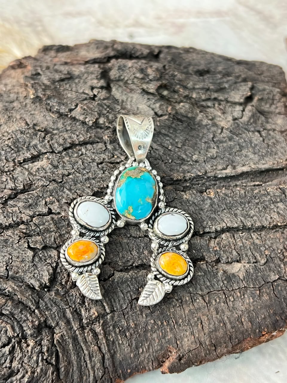 Handmade Sterling Silver Sonoran Mountain Turquoise with Bumblebee and White Buffalo Spring Collection: Naja Pendant Signed Nizhoni