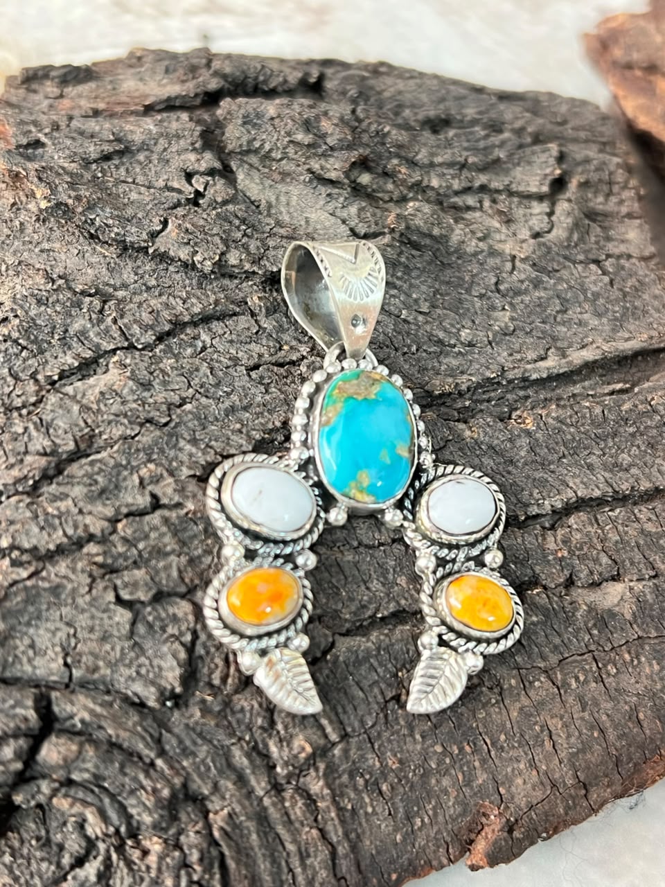 Handmade Sterling Silver Sonoran Mountain Turquoise with Bumblebee and White Buffalo Spring Collection: Naja Pendant Signed Nizhoni