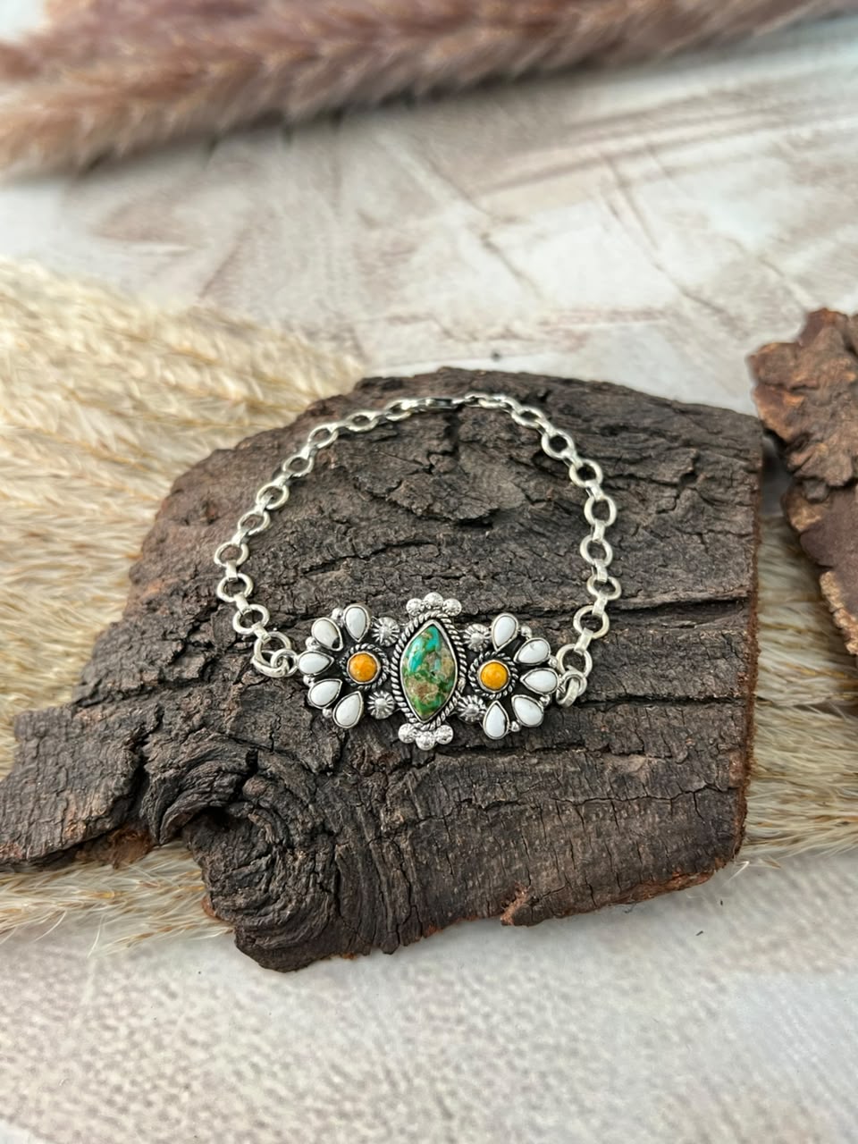 Handmade Sterling Silver Sonoran Mountain Turquoise with Bumblebee and White Buffalo Spring Collection: Chain Bracelet Signed Nizhoni