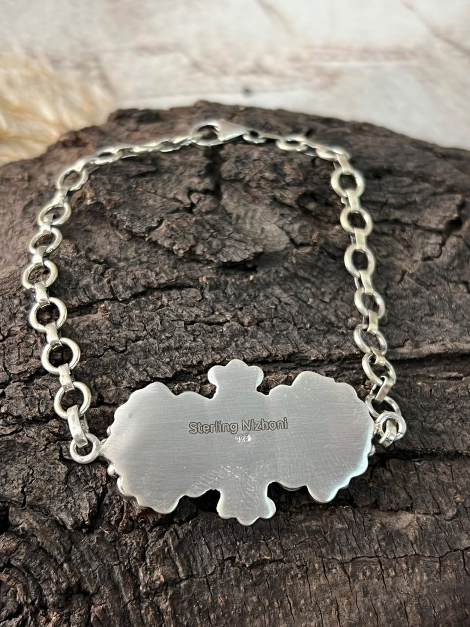 Handmade Sterling Silver Sonoran Mountain Turquoise with Bumblebee and White Buffalo Spring Collection: Chain Bracelet Signed Nizhoni