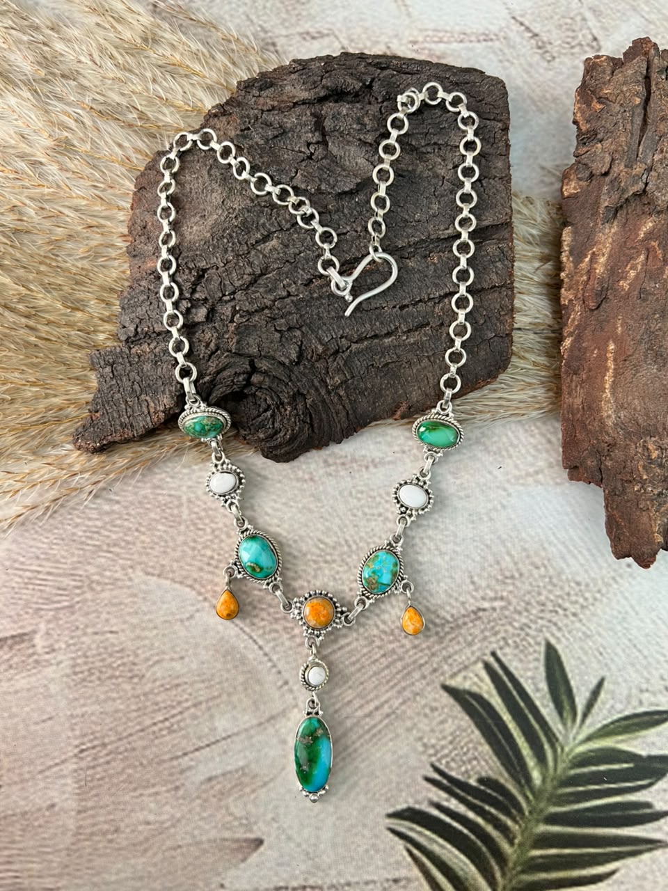 Handmade Sterling Silver Sonoran Mountain Turquoise with Bumblebee and White Buffalo Spring Collection: Necklace Signed Nizhoni