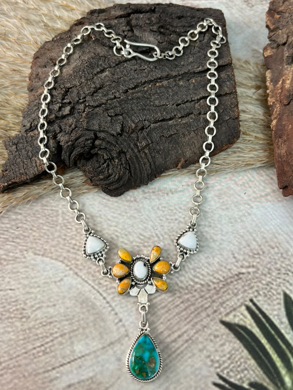 Handmade Sterling Silver Sonoran Mountain Turquoise with Bumblebee and White Buffalo Spring Collection: Choker Necklace Signed Nizhoni