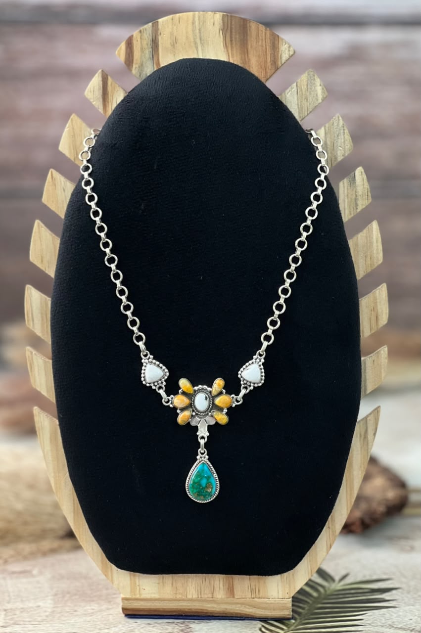 Handmade Sterling Silver Sonoran Mountain Turquoise with Bumblebee and White Buffalo Spring Collection: Choker Necklace Signed Nizhoni