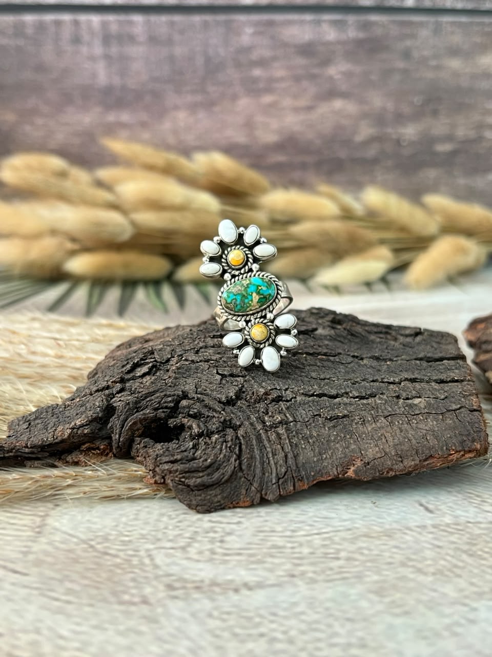 Handmade Sterling Silver Sonoran Mountain Turquoise with Bumblebee and White Buffalo Spring Collection: Adjustable Ring Signed Nizhoni