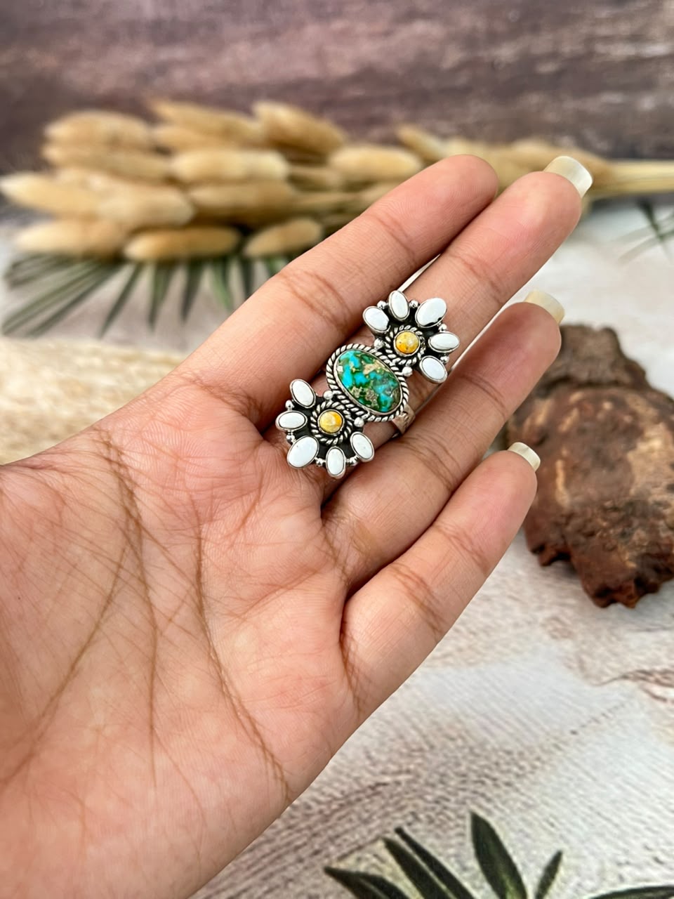 Handmade Sterling Silver Sonoran Mountain Turquoise with Bumblebee and White Buffalo Spring Collection: Adjustable Ring Signed Nizhoni