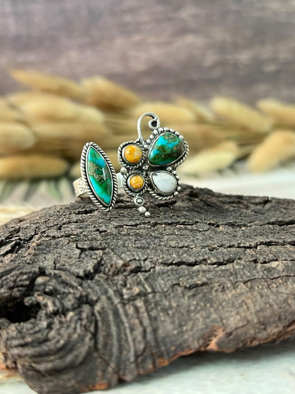Handmade Sterling Silver Sonoran Mountain Turquoise with Bumblebee and White Buffalo Spring Collection: Butterfly Adjustable Ring Signed Nizhoni