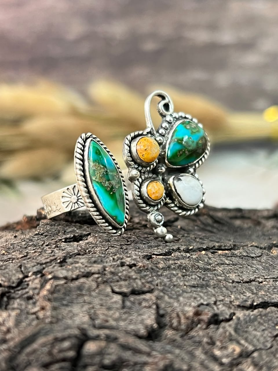 Handmade Sterling Silver Sonoran Mountain Turquoise with Bumblebee and White Buffalo Spring Collection: Butterfly Adjustable Ring Signed Nizhoni