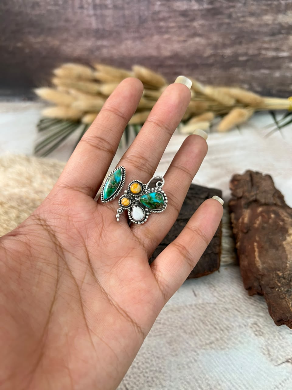 Handmade Sterling Silver Sonoran Mountain Turquoise with Bumblebee and White Buffalo Spring Collection: Butterfly Adjustable Ring Signed Nizhoni