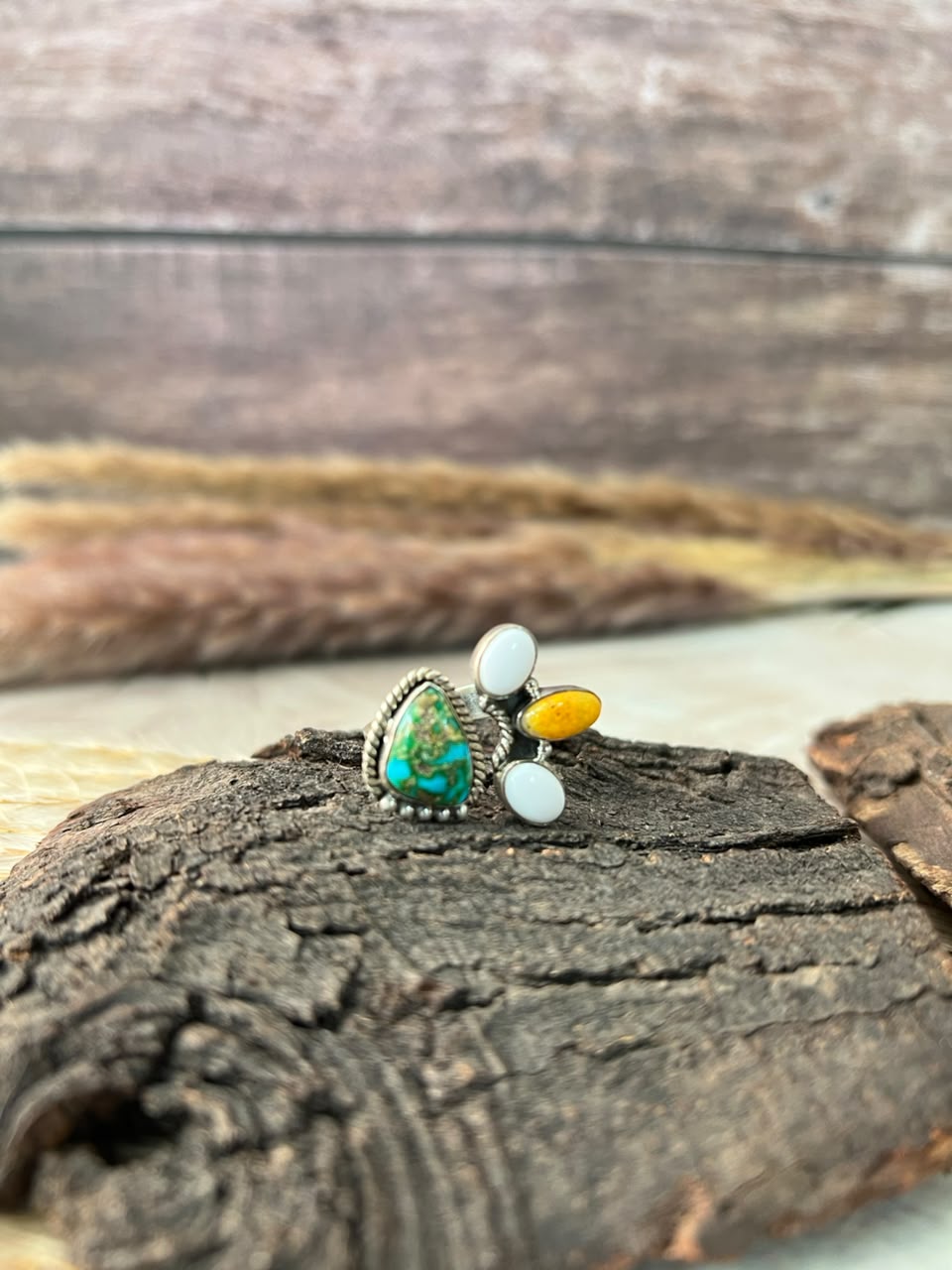 Handmade Sterling Silver Sonoran Mountain Turquoise with Bumblebee and White Buffalo Spring Collection: Adjustable Ring Signed Nizhoni