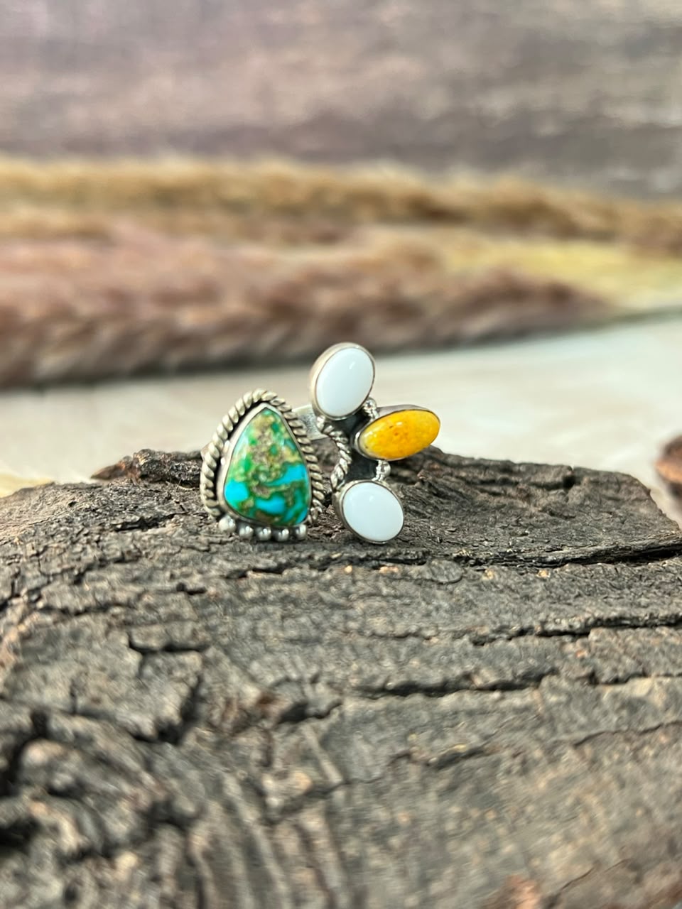 Handmade Sterling Silver Sonoran Mountain Turquoise with Bumblebee and White Buffalo Spring Collection: Adjustable Ring Signed Nizhoni