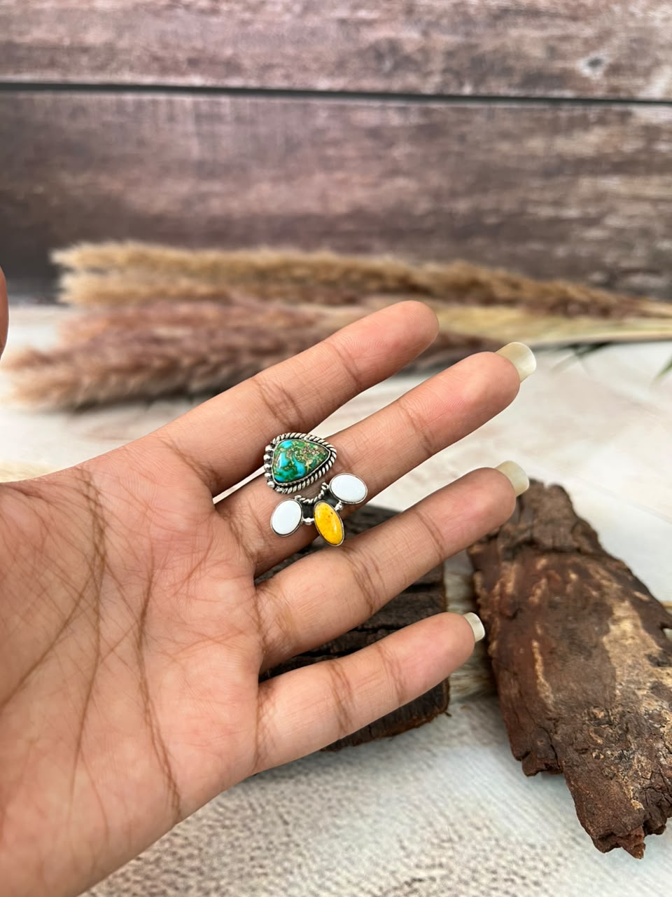 Handmade Sterling Silver Sonoran Mountain Turquoise with Bumblebee and White Buffalo Spring Collection: Adjustable Ring Signed Nizhoni