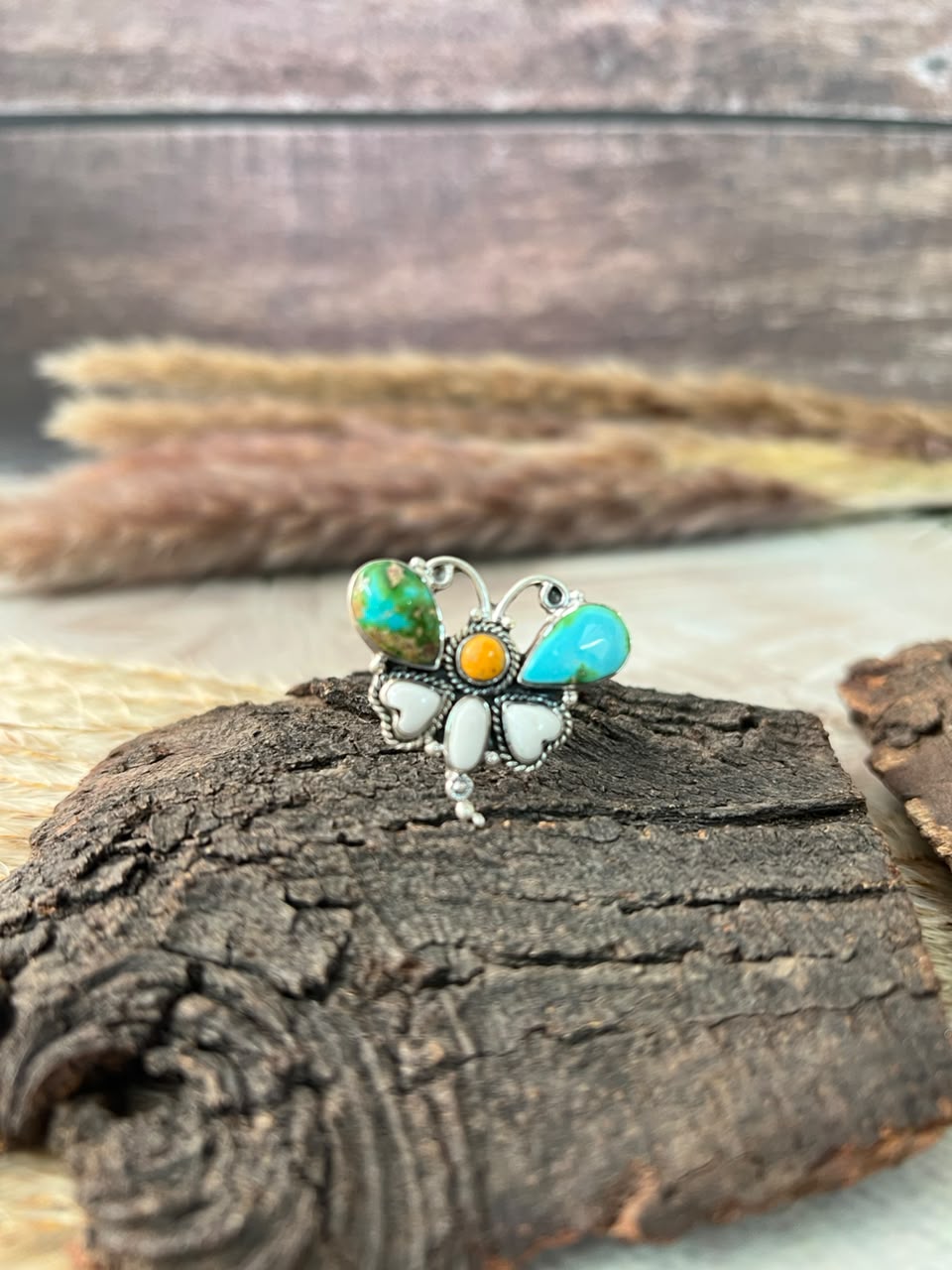 Handmade Sterling Silver Sonoran Mountain Turquoise with Bumblebee and White Buffalo Spring Collection: Butterfly Adjustable Ring Signed Nizhoni