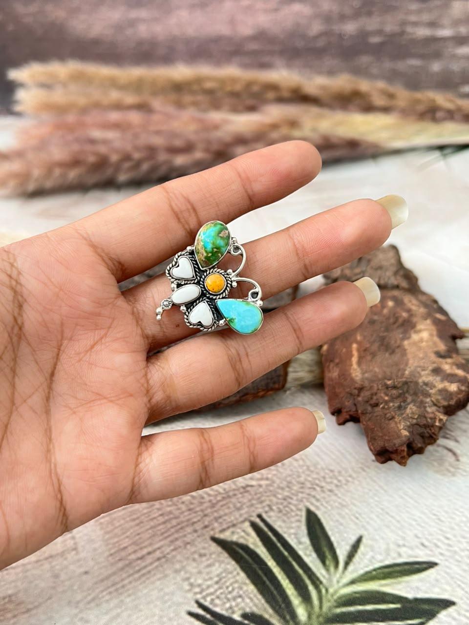 Handmade Sterling Silver Sonoran Mountain Turquoise with Bumblebee and White Buffalo Spring Collection: Butterfly Adjustable Ring Signed Nizhoni