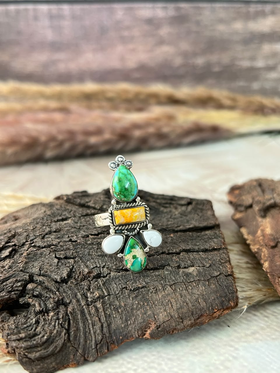Handmade Sterling Silver Sonoran Mountain Turquoise with Bumblebee and White Buffalo Spring Collection: Adjustable Ring Signed Nizhoni