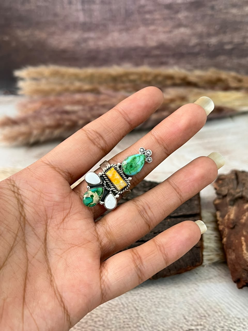 Handmade Sterling Silver Sonoran Mountain Turquoise with Bumblebee and White Buffalo Spring Collection: Adjustable Ring Signed Nizhoni