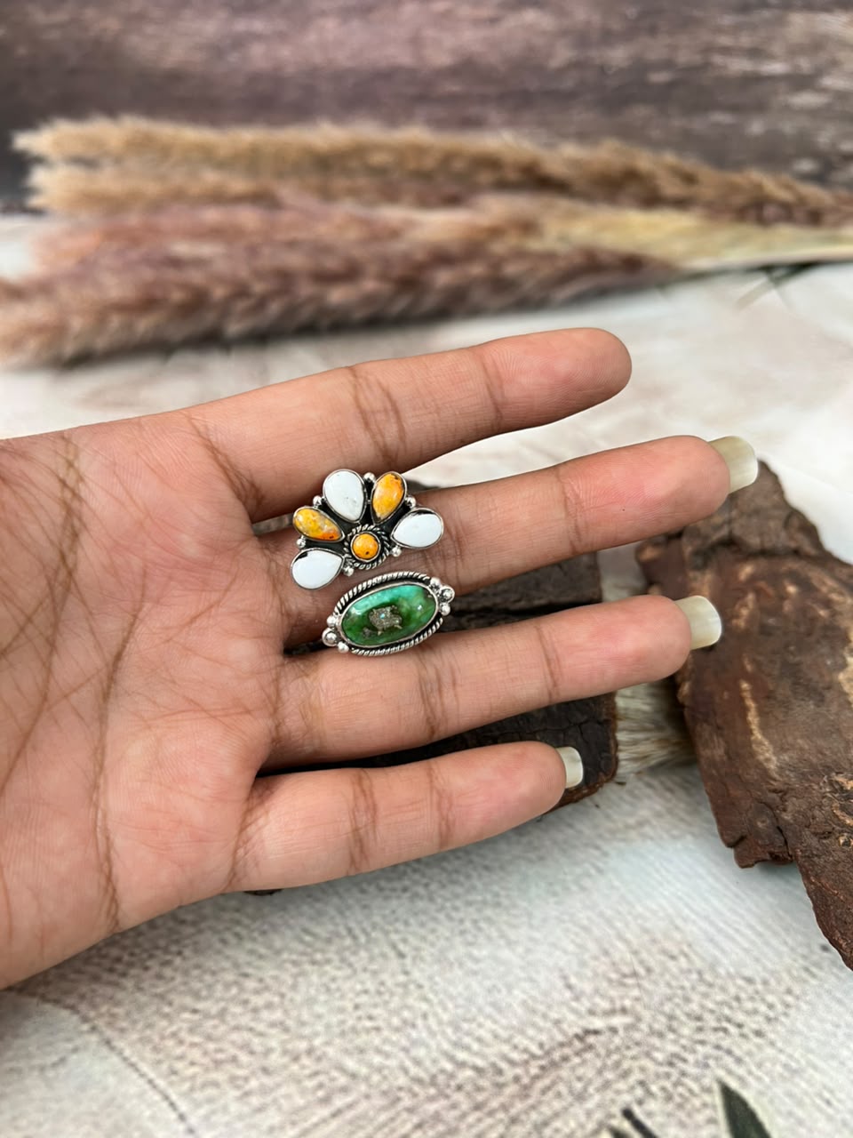 Handmade Sterling Silver Sonoran Mountain Turquoise with Bumblebee and White Buffalo Spring Collection: Adjustable Ring Signed Nizhoni