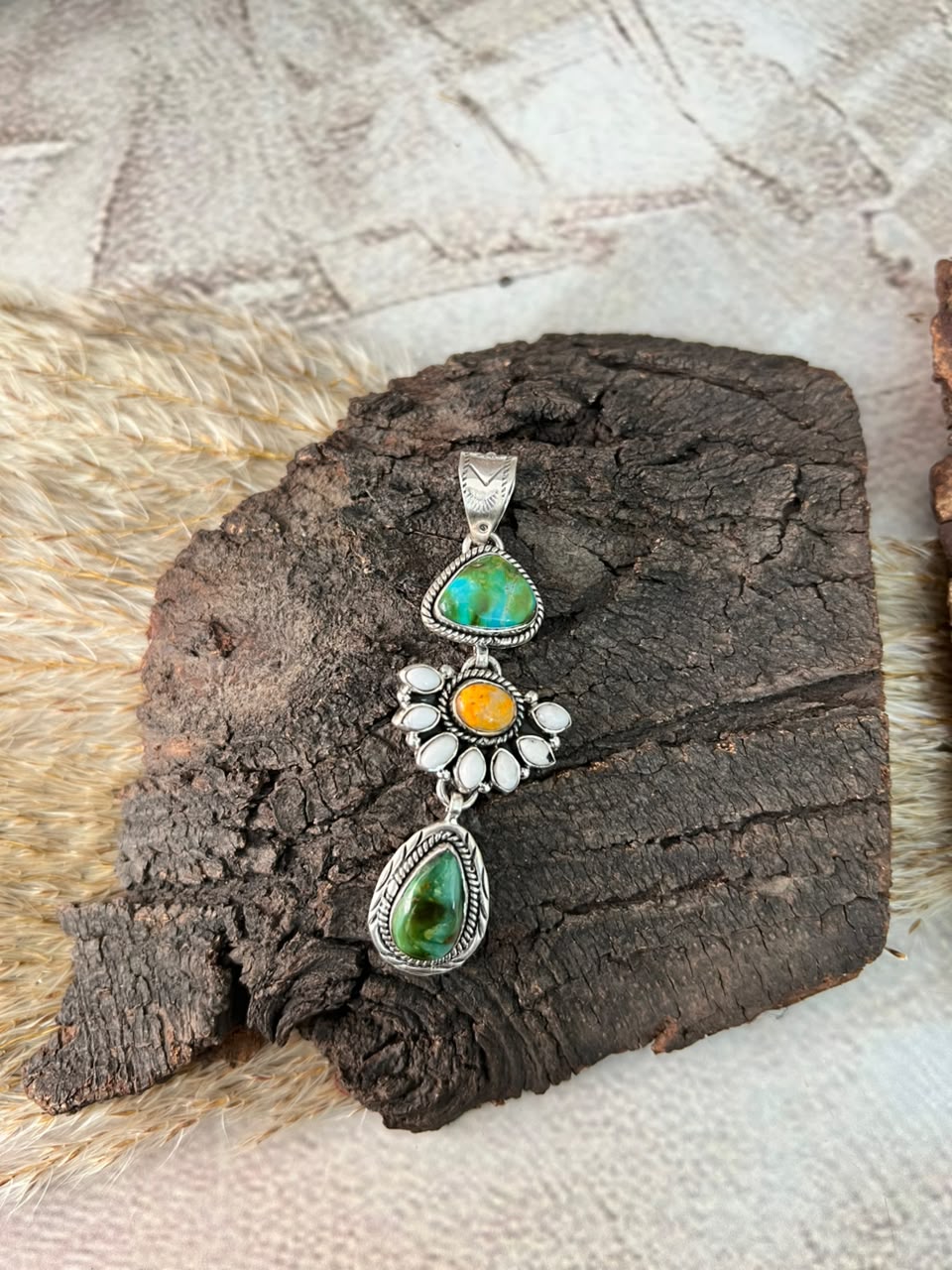 Handmade Sterling Silver Sonoran Mountain Turquoise with Bumblebee and White Buffalo Spring Collection: Pendant Signed Nizhoni