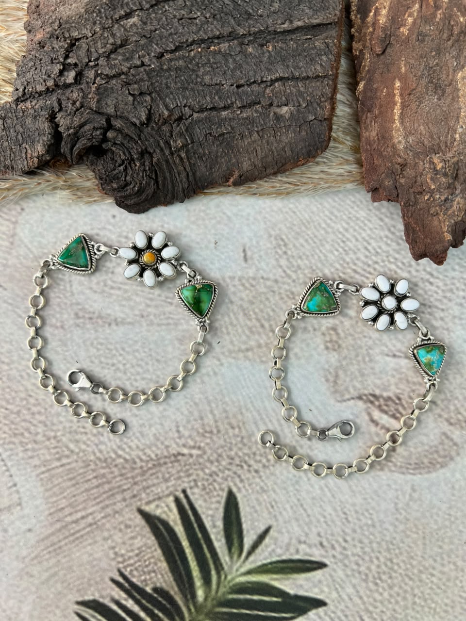 Handmade Sterling Silver Sonoran Mountain Turquoise with Bumblebee and White Buffalo Spring Collection: Chain Bracelet Signed Nizhoni