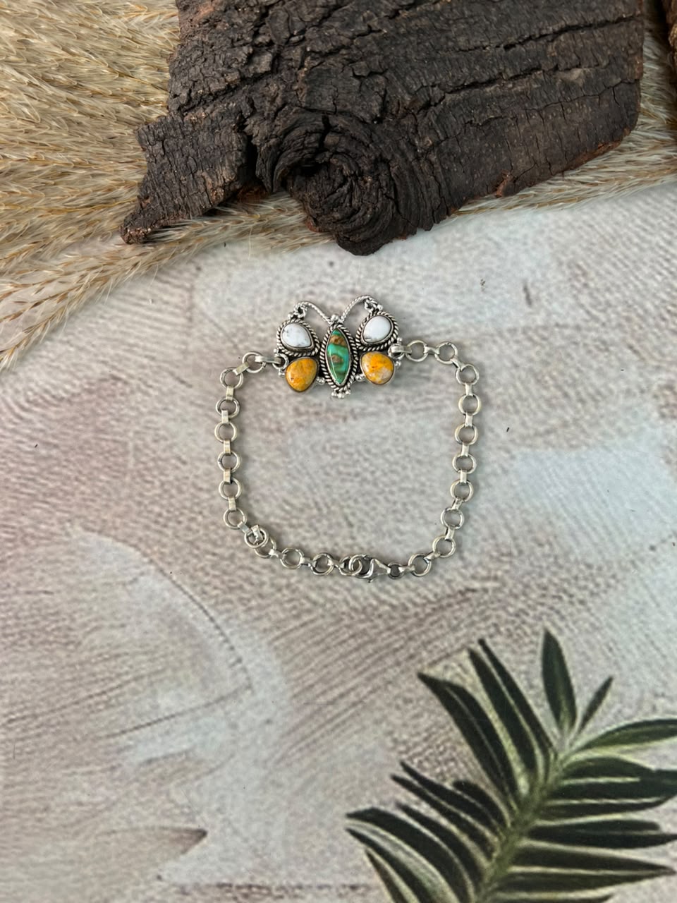 Handmade Sterling Silver Sonoran Mountain Turquoise with Bumblebee and White Buffalo Spring Collection: Butterfly Chain Bracelet Signed Nizhoni