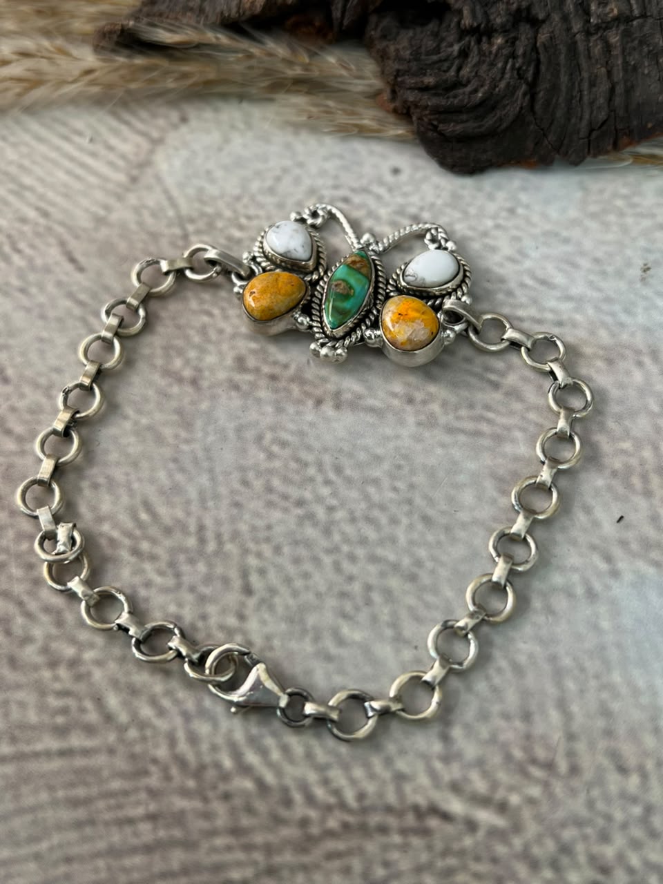 Handmade Sterling Silver Sonoran Mountain Turquoise with Bumblebee and White Buffalo Spring Collection: Butterfly Chain Bracelet Signed Nizhoni