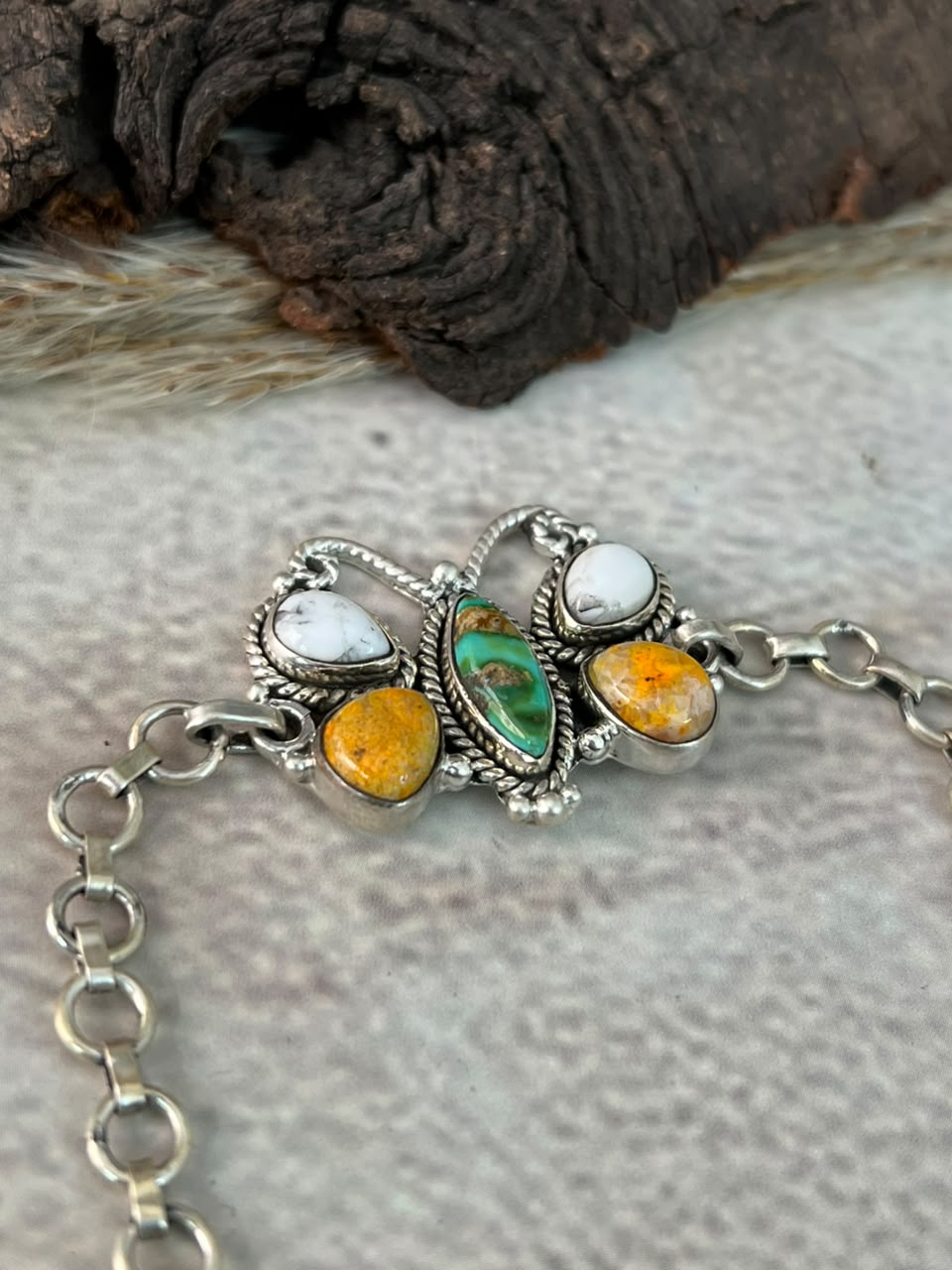 Handmade Sterling Silver Sonoran Mountain Turquoise with Bumblebee and White Buffalo Spring Collection: Butterfly Chain Bracelet Signed Nizhoni