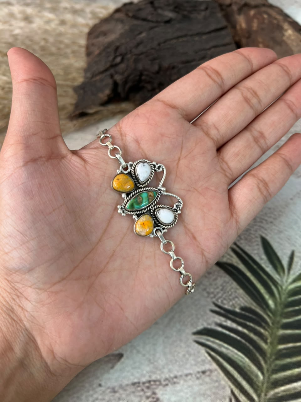Handmade Sterling Silver Sonoran Mountain Turquoise with Bumblebee and White Buffalo Spring Collection: Butterfly Chain Bracelet Signed Nizhoni