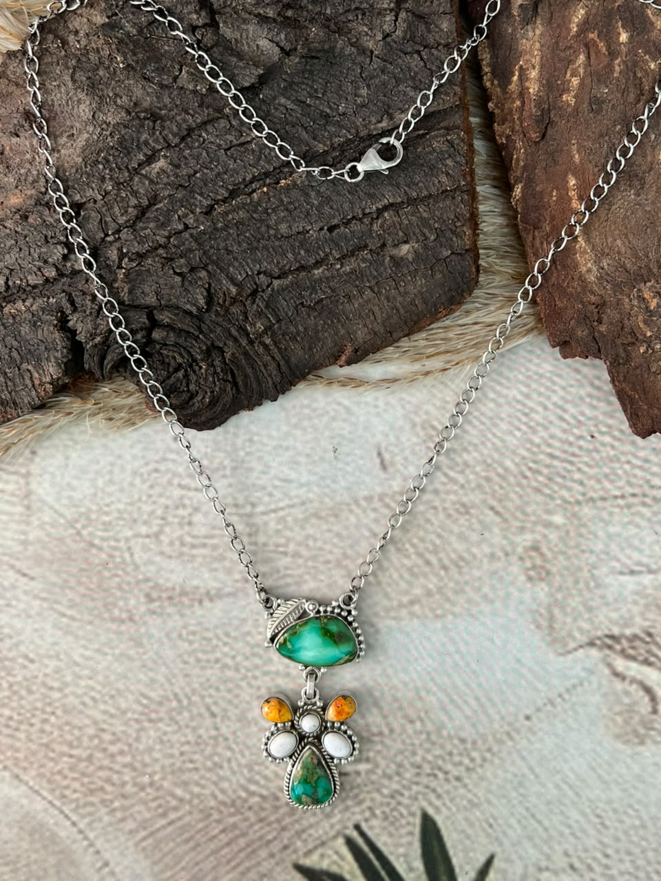 Handmade Sterling Silver Sonoran Mountain Turquoise with Bumblebee and White Buffalo Spring Collection: Necklace Signed Nizhoni