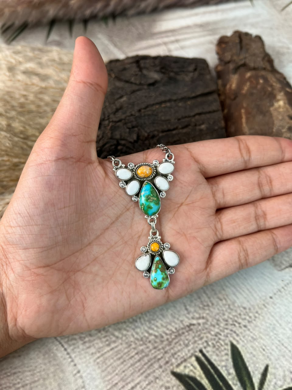 Handmade Sterling Silver Sonoran Mountain Turquoise with Bumblebee and White Buffalo Spring Collection: Drop Necklace Signed Nizhoni