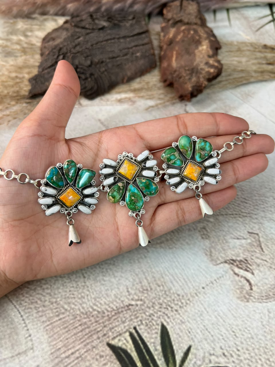 Handmade Sterling Silver Sonoran Mountain Turquoise with Bumblebee and White Buffalo Spring Collection: Choker Squash Blossom Necklace Signed Nizhoni