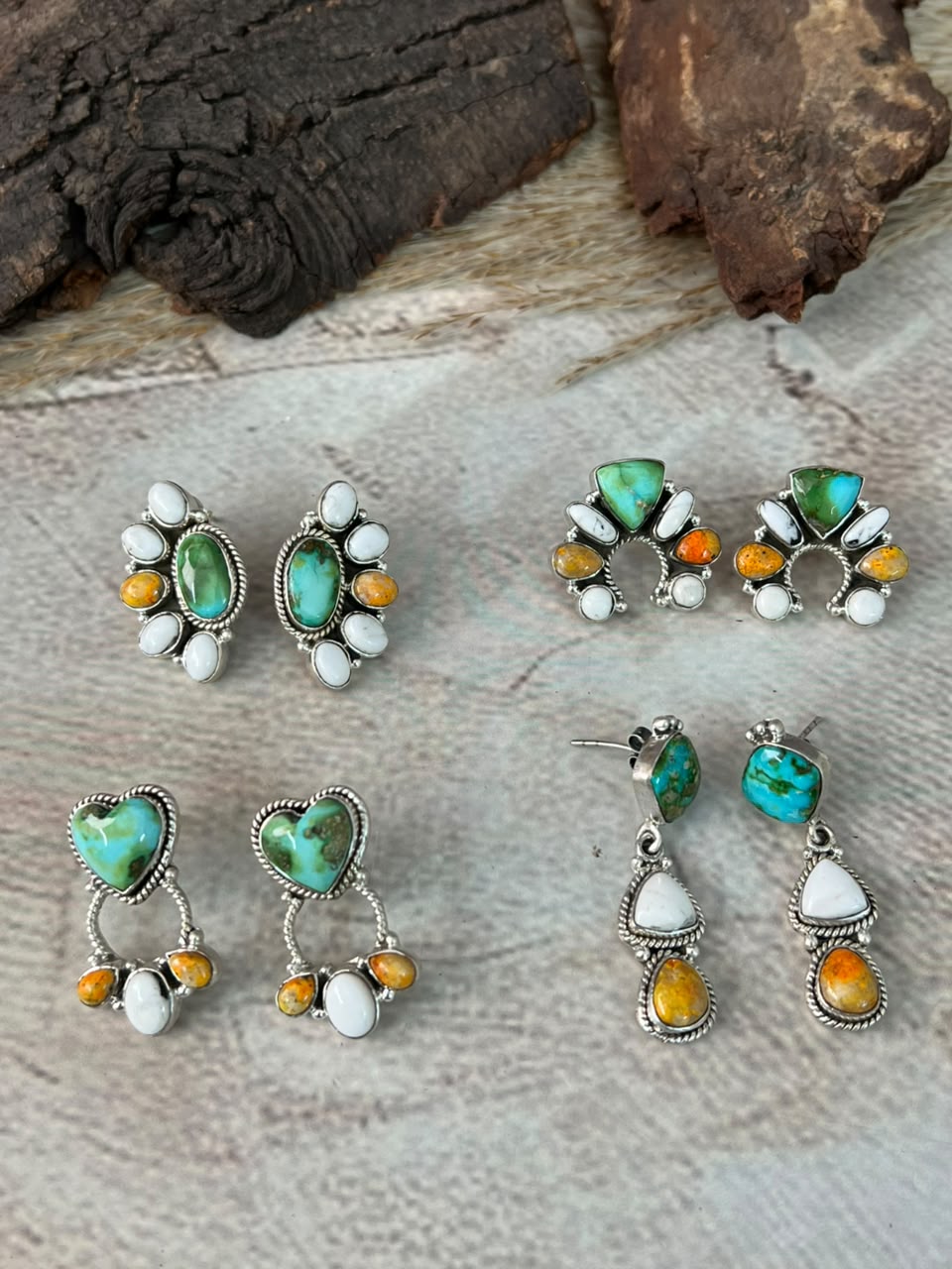 Handmade Sterling Silver Sonoran Mountain Turquoise with Bumblebee and White Buffalo Spring Collection: Post Dangle/Stud Earrings Signed Nizhoni