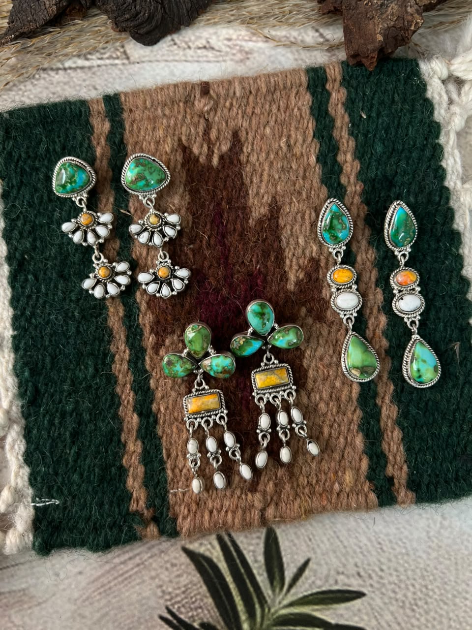 Handmade Sterling Silver Sonoran Mountain Turquoise with Bumblebee and White Buffalo Spring Collection: Post Dangle Earrings Signed Nizhoni