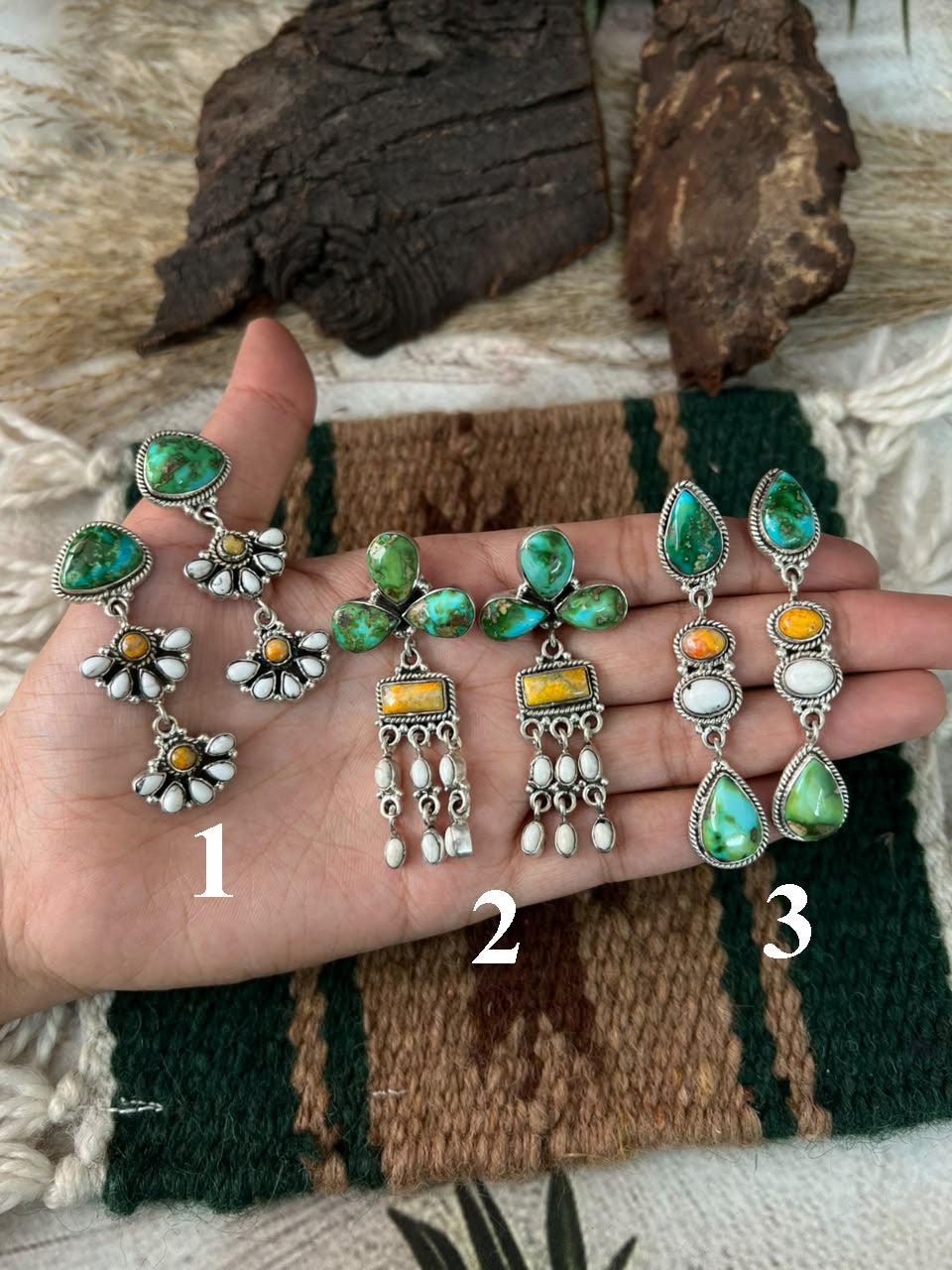 Handmade Sterling Silver Sonoran Mountain Turquoise with Bumblebee and White Buffalo Spring Collection: Post Dangle Earrings Signed Nizhoni