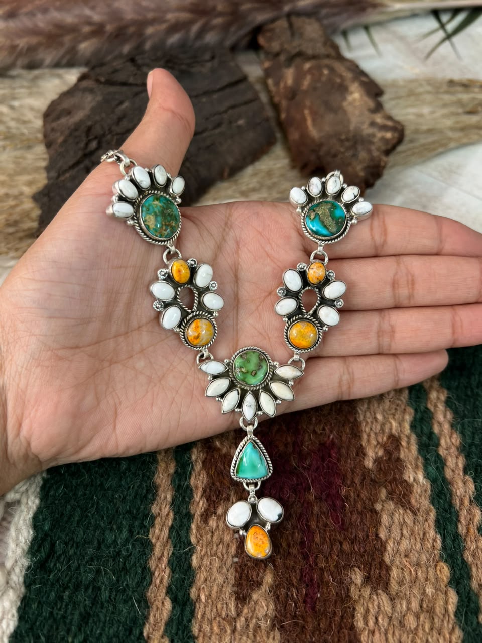 Handmade Sterling Silver Sonoran Mountain Turquoise with Bumblebee and White Buffalo Spring Collection: Necklace Signed Nizhoni