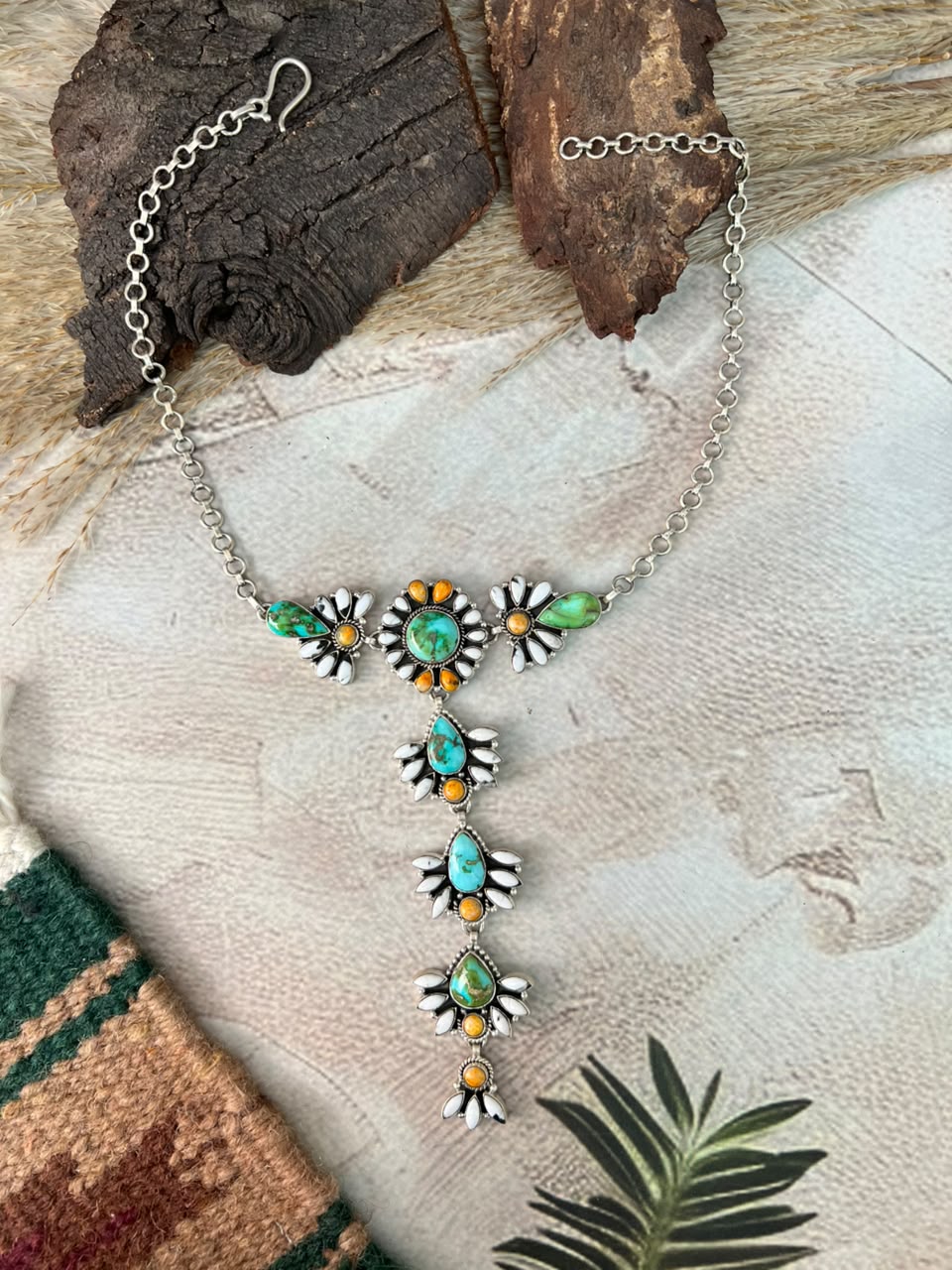 Handmade Sterling Silver Sonoran Mountain Turquoise with Bumblebee and White Buffalo Spring Collection: Drop Necklace Signed Nizhoni