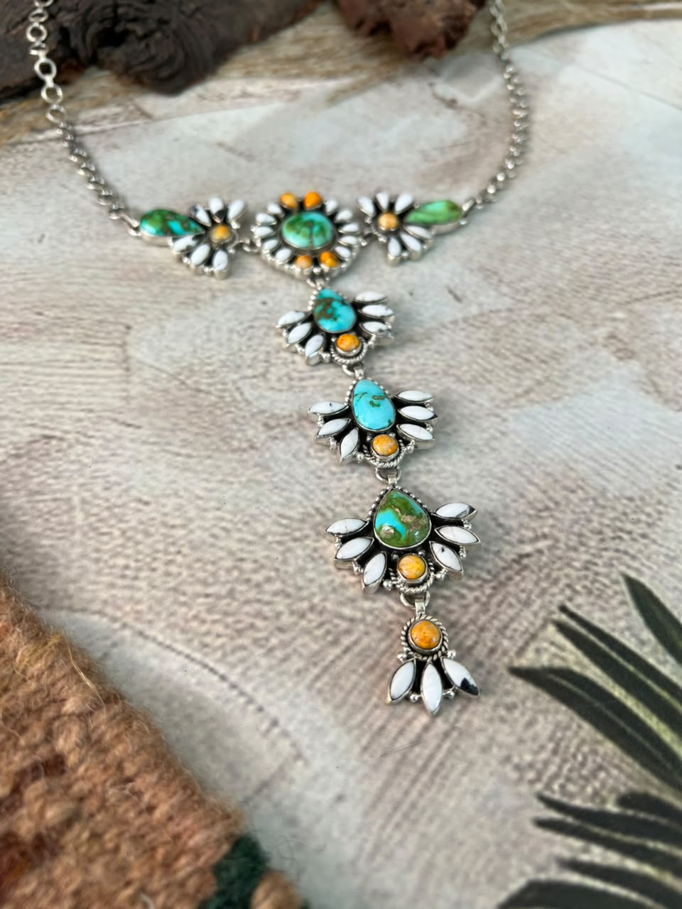 Handmade Sterling Silver Sonoran Mountain Turquoise with Bumblebee and White Buffalo Spring Collection: Drop Necklace Signed Nizhoni