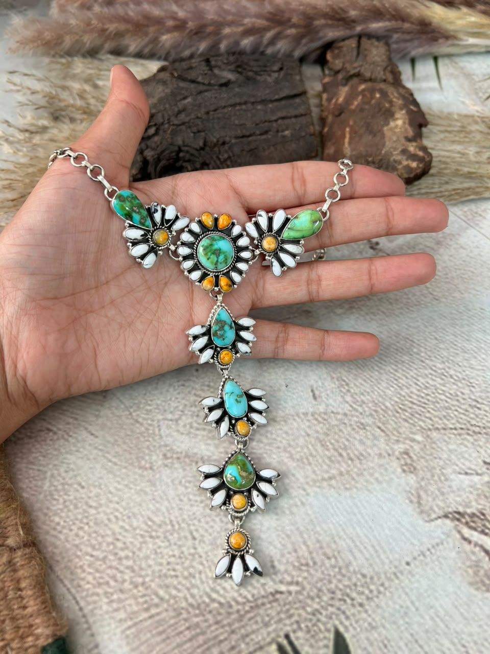 Handmade Sterling Silver Sonoran Mountain Turquoise with Bumblebee and White Buffalo Spring Collection: Drop Necklace Signed Nizhoni
