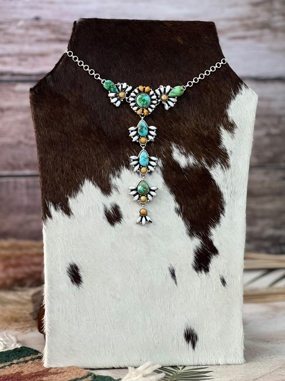 Handmade Sterling Silver Sonoran Mountain Turquoise with Bumblebee and White Buffalo Spring Collection: Drop Necklace Signed Nizhoni