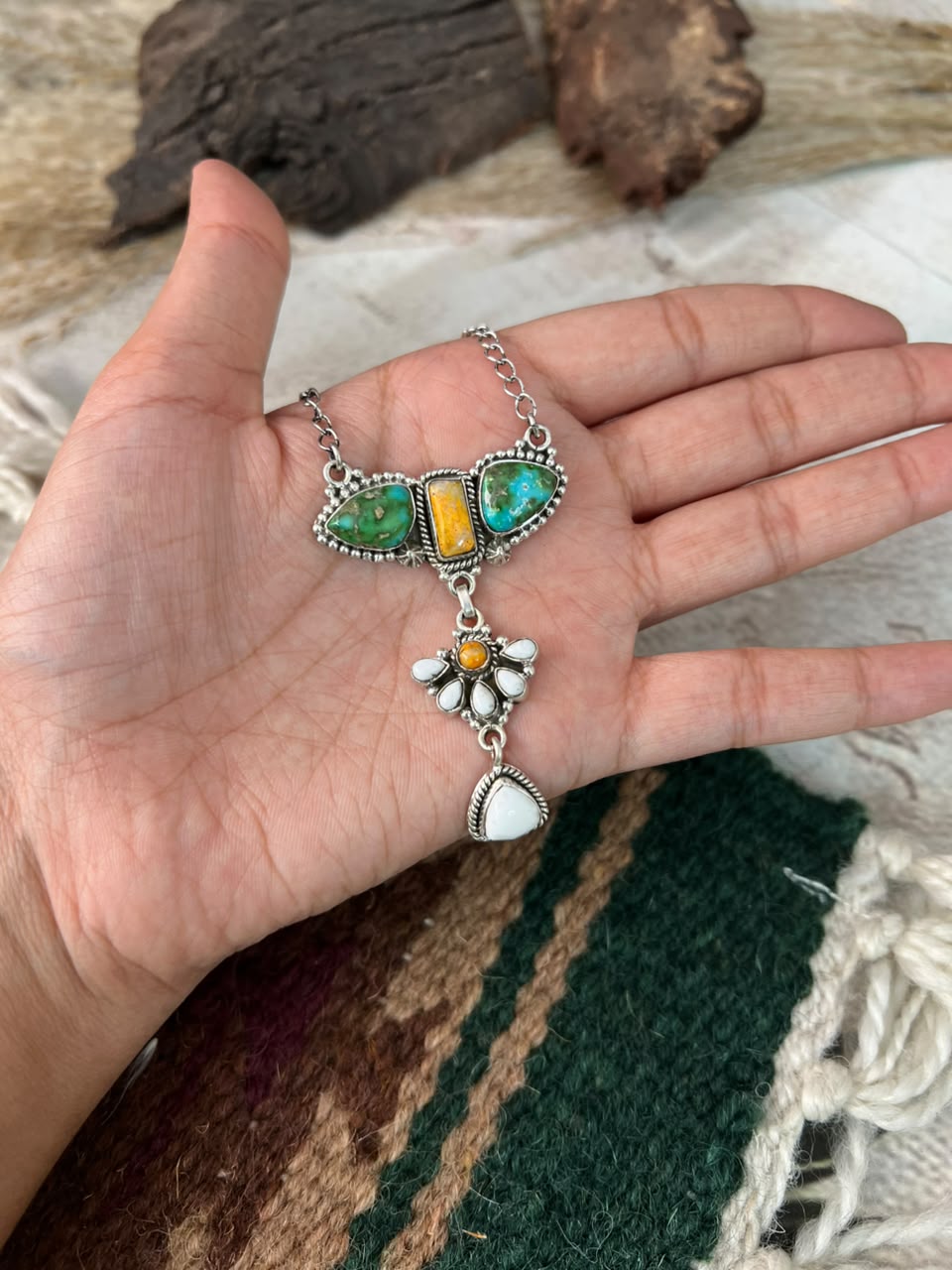 Handmade Sterling Silver Sonoran Mountain Turquoise with Bumblebee and White Buffalo Spring Collection: Necklace Signed Nizhoni