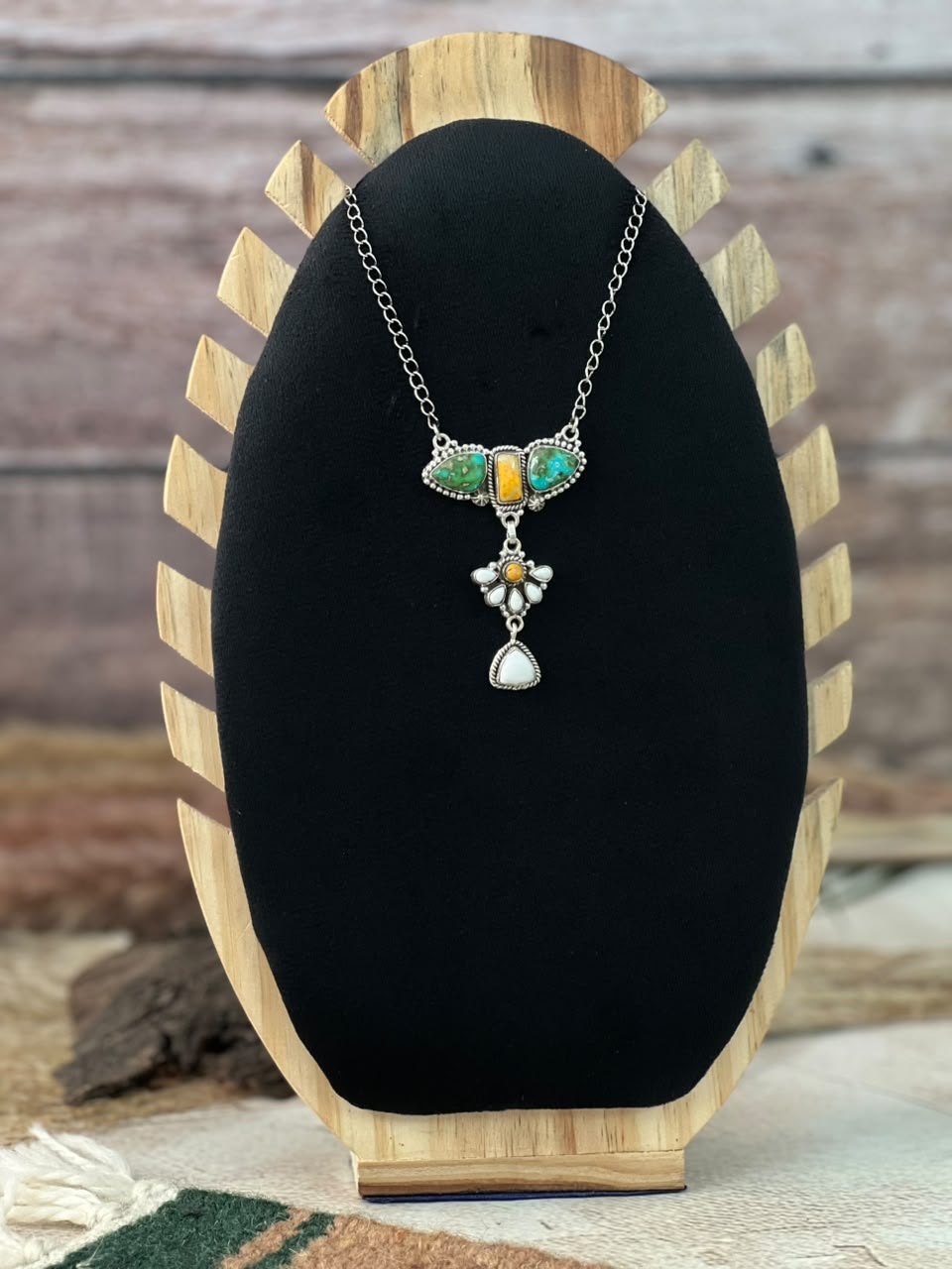 Handmade Sterling Silver Sonoran Mountain Turquoise with Bumblebee and White Buffalo Spring Collection: Necklace Signed Nizhoni