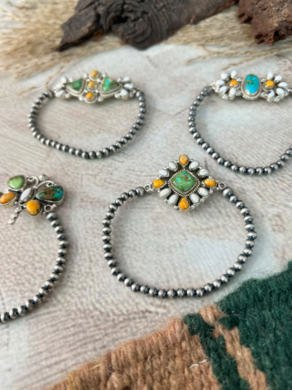 Handmade Sterling Silver Sonoran Mountain Turquoise with Bumblebee and White Buffalo Spring Collection: Stretchy Beaded Bracelet Signed Nizhoni