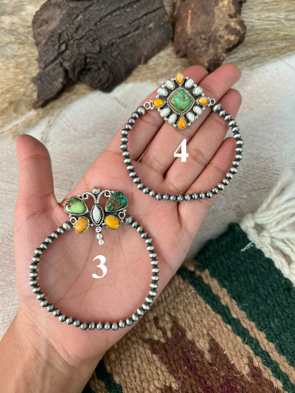Handmade Sterling Silver Sonoran Mountain Turquoise with Bumblebee and White Buffalo Spring Collection: Stretchy Beaded Bracelet Signed Nizhoni