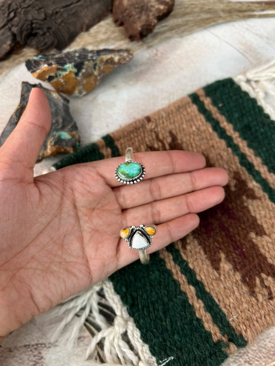 Handmade Sterling Silver Sonoran Mountain Turquoise with Bumblebee and White Buffalo Spring Collection: Cuff Bracelet Signed Nizhoni
