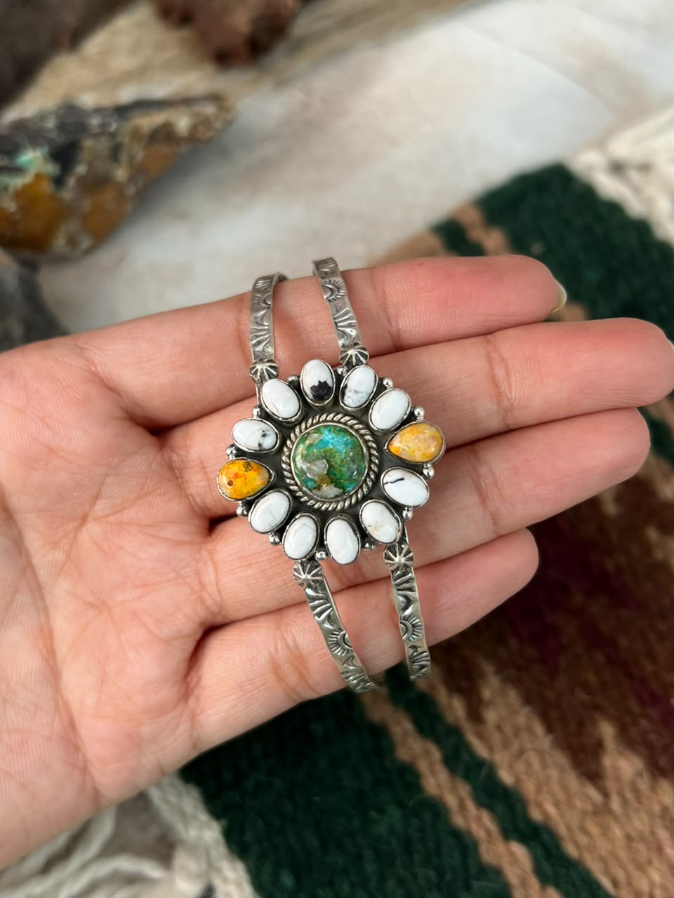 Handmade Sterling Silver Sonoran Mountain Turquoise with Bumblebee and White Buffalo Spring Collection: Cuff Bracelet Signed Nizhoni
